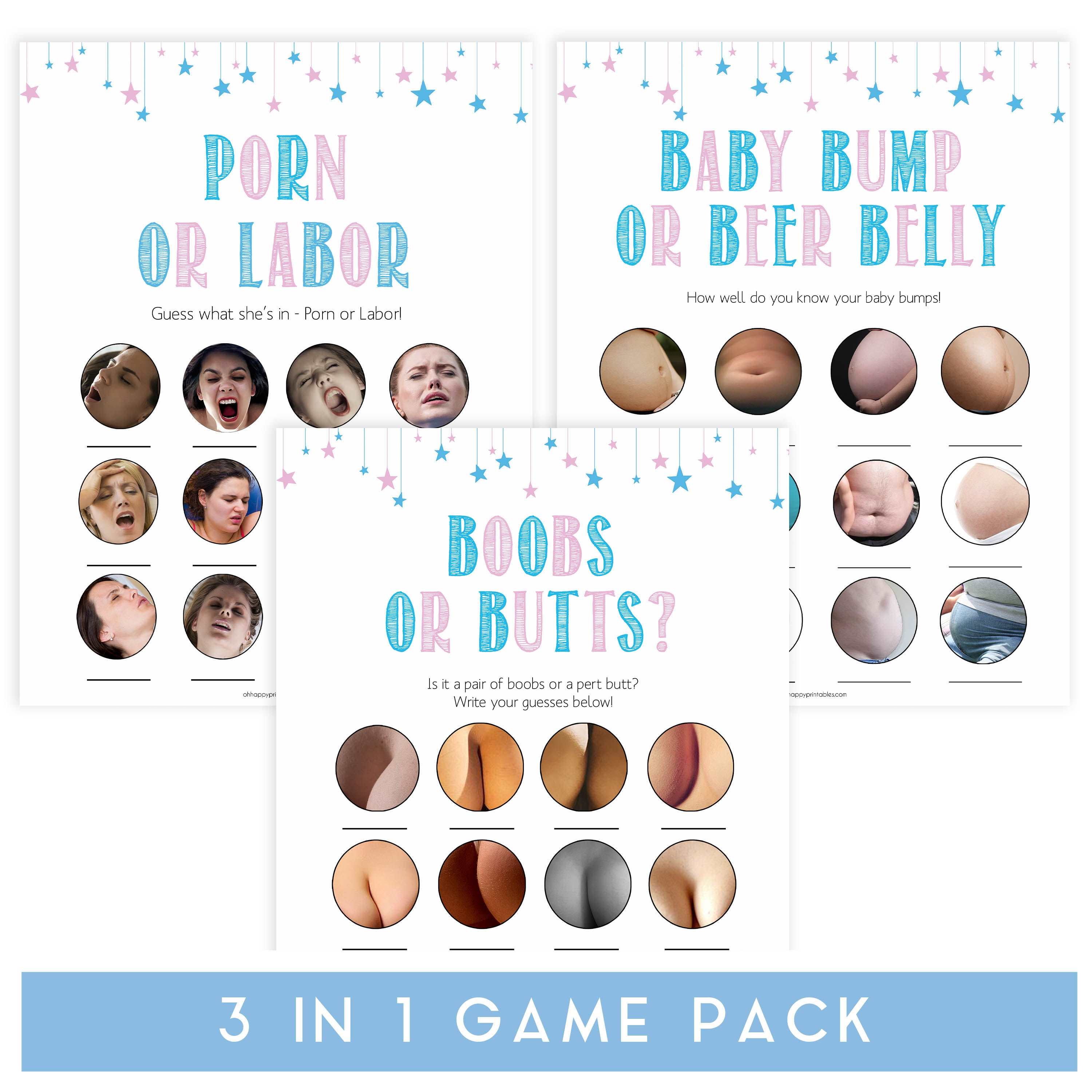 Gender reveal baby games, labor or porn, baby bump or beer belly, boobs or butts, printable baby shower games, fun baby games, top baby games, best baby games, baby shower games