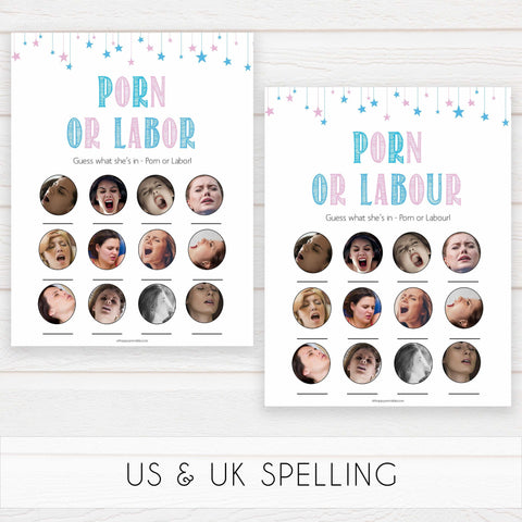 Gender reveal baby games, labor or porn, baby bump or beer belly, boobs or butts, printable baby shower games, fun baby games, top baby games, best baby games, baby shower games
