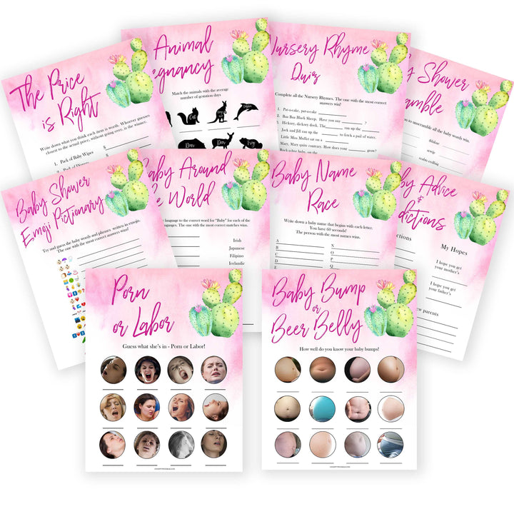 10 baby shower games, cactus baby shower, baby shower bundle, printable baby games, fun baby games, labor or porn games, baby bump game