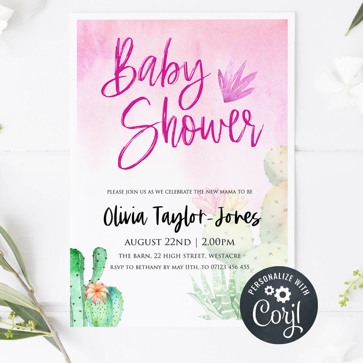 cactus fiesta baby shower invitations, editable baby shower invitations, printable baby shower invites, fiesta baby shower, cactus baby shower