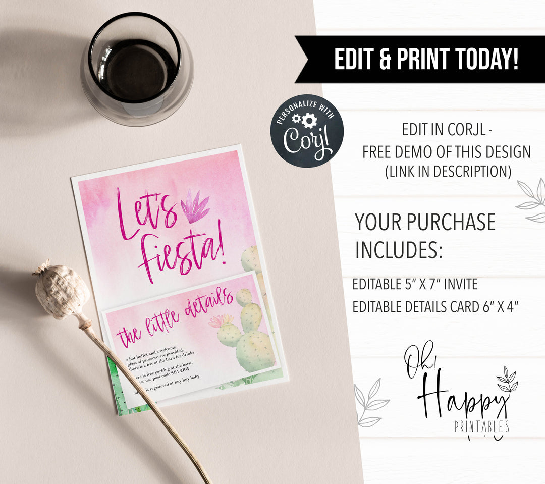 cactus fiesta baby shower invitations, editable baby shower invitations, printable baby shower invites, fiesta baby shower, cactus baby shower
