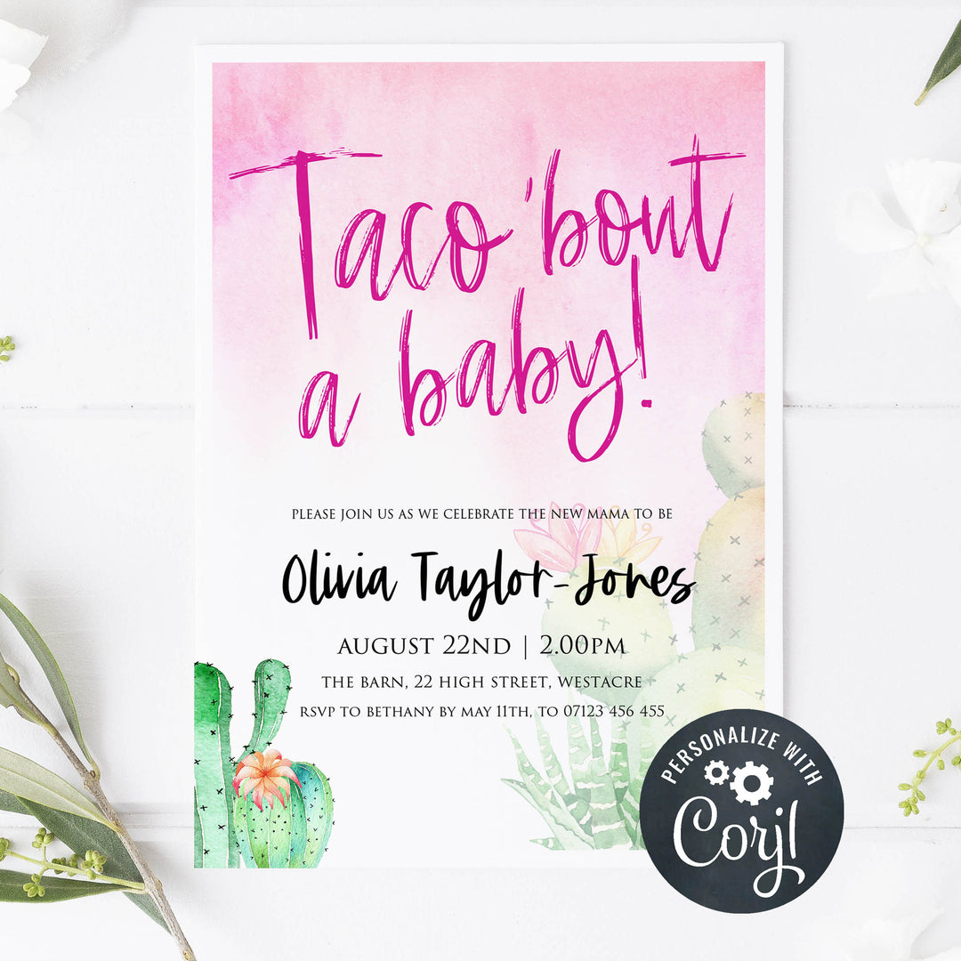 taco baby invitations, cactus fiesta baby shower invitations, editable baby shower invitations, printable baby shower invites, fiesta baby shower, cactus baby shower
