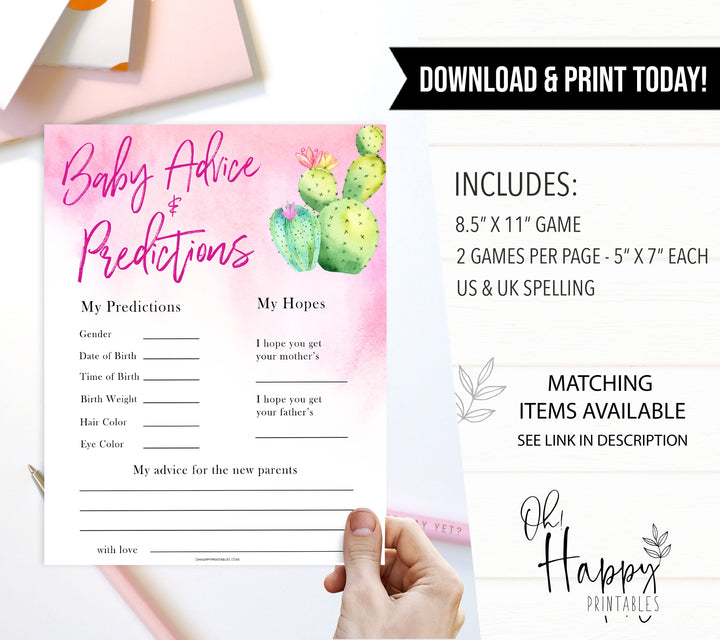Cactus baby shower games, cactus baby advice and predictions baby game, printable baby games, Mexican baby shower, Mexican baby games, fiesta baby games, popular baby games, printable baby games