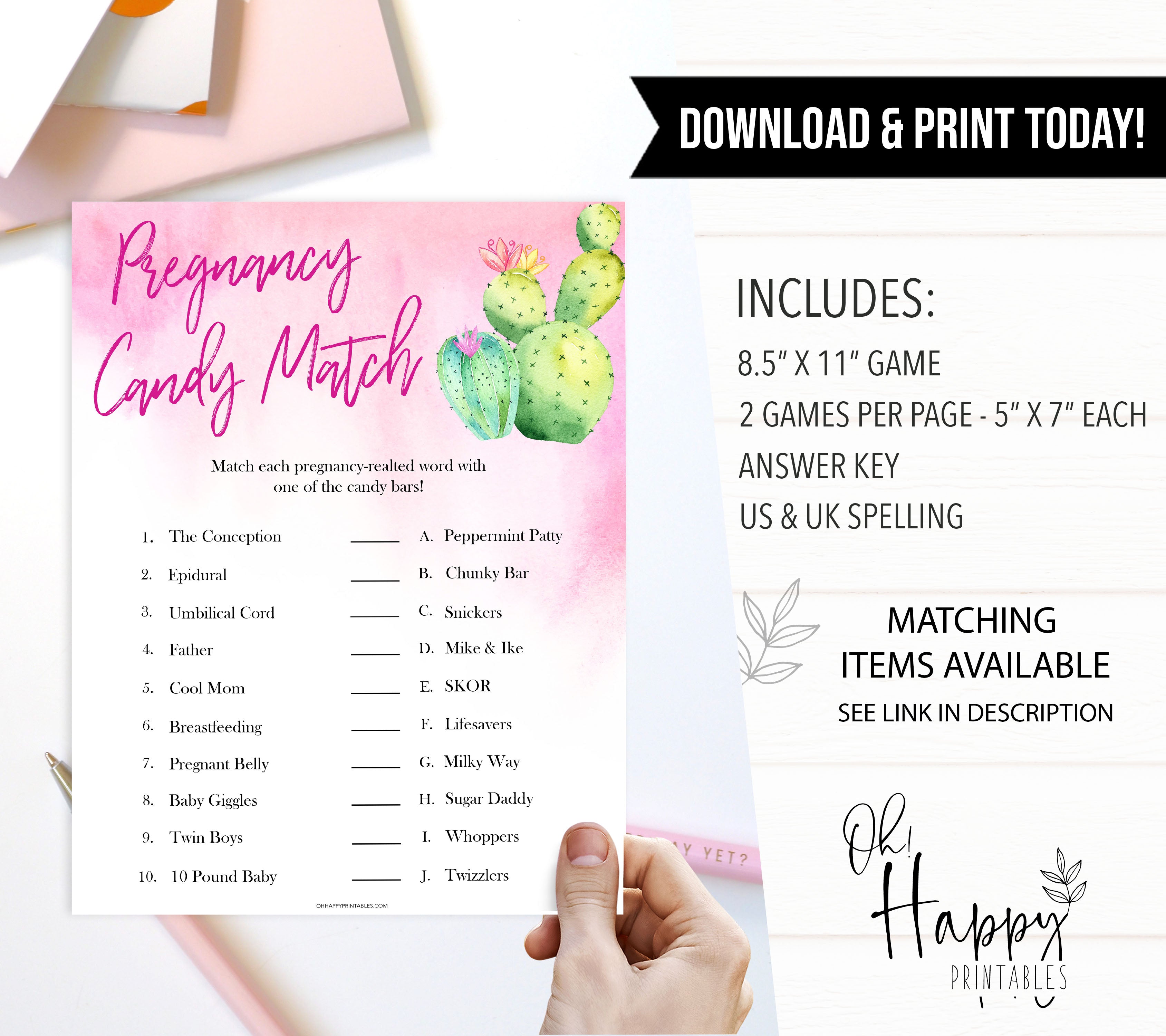 Cactus baby shower games, cactus pregnancy candy match baby game, printable baby games, Mexican baby shower, Mexican baby games, fiesta baby games, popular baby games, printable baby games