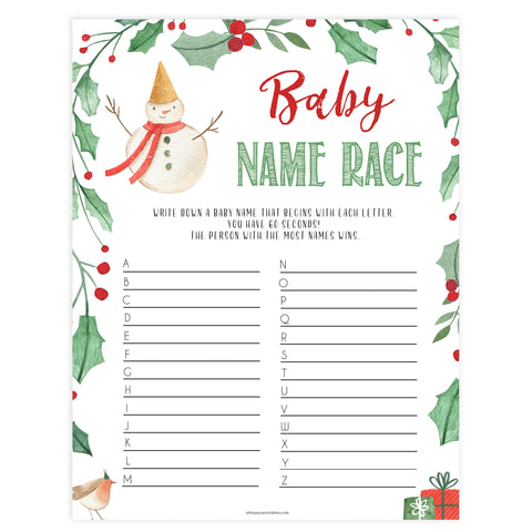 Christmas baby shower games, baby name race, festive baby shower games, best baby shower games, top 10 baby games, baby shower ideas, baby shower games