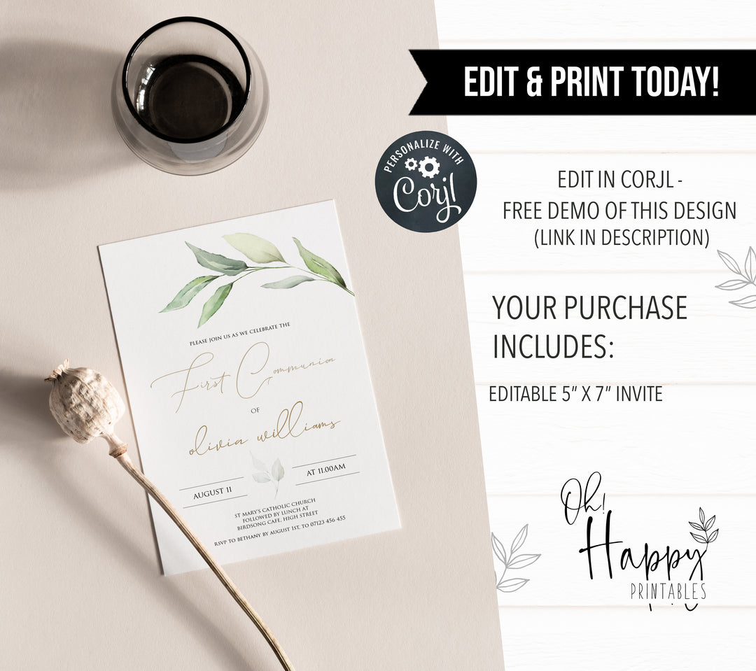 editable first communion invitation, first communion invite, editable holy communion invitation, floral first communion invitation