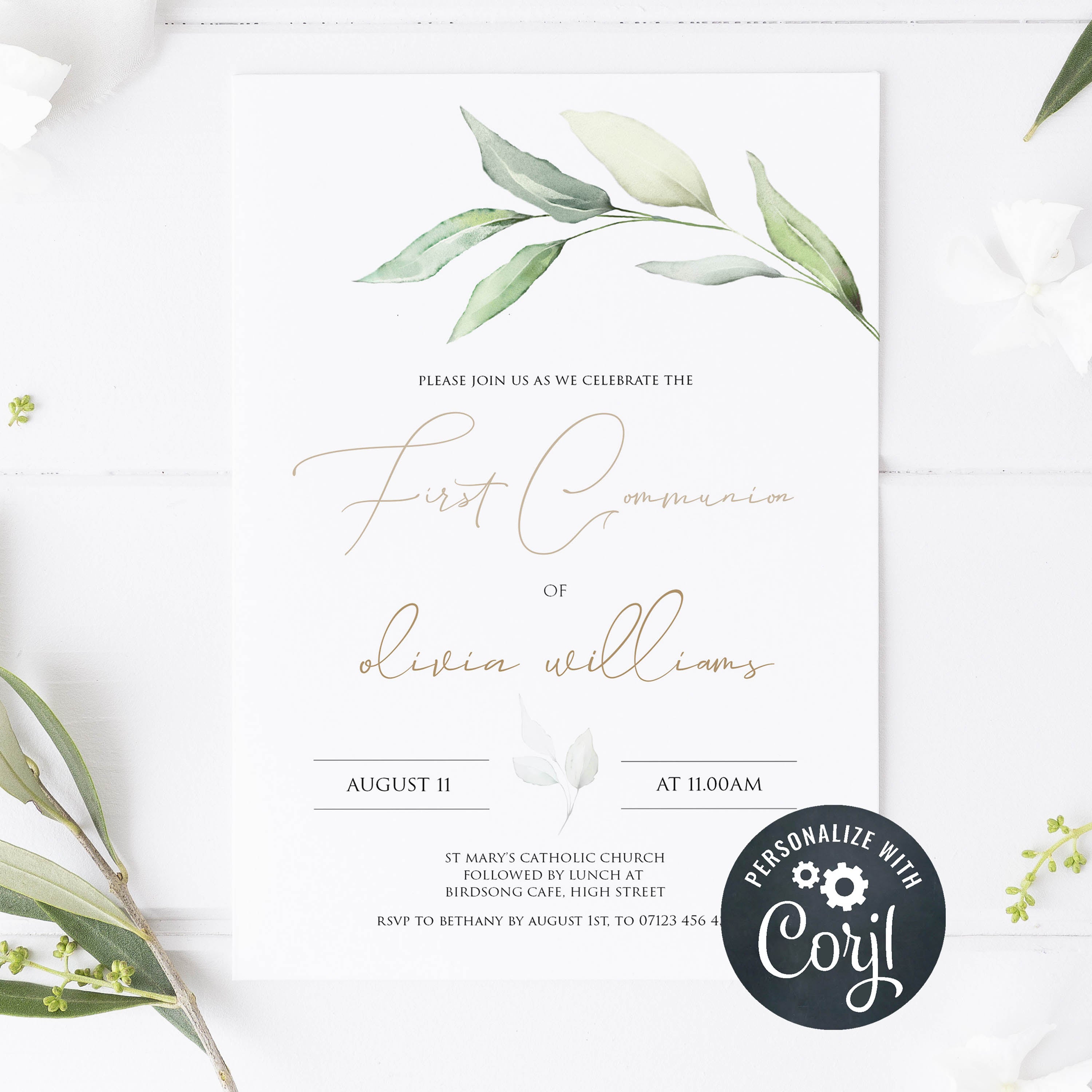 editable first communion invitation, first communion invite, editable holy communion invitation, floral first communion invitation