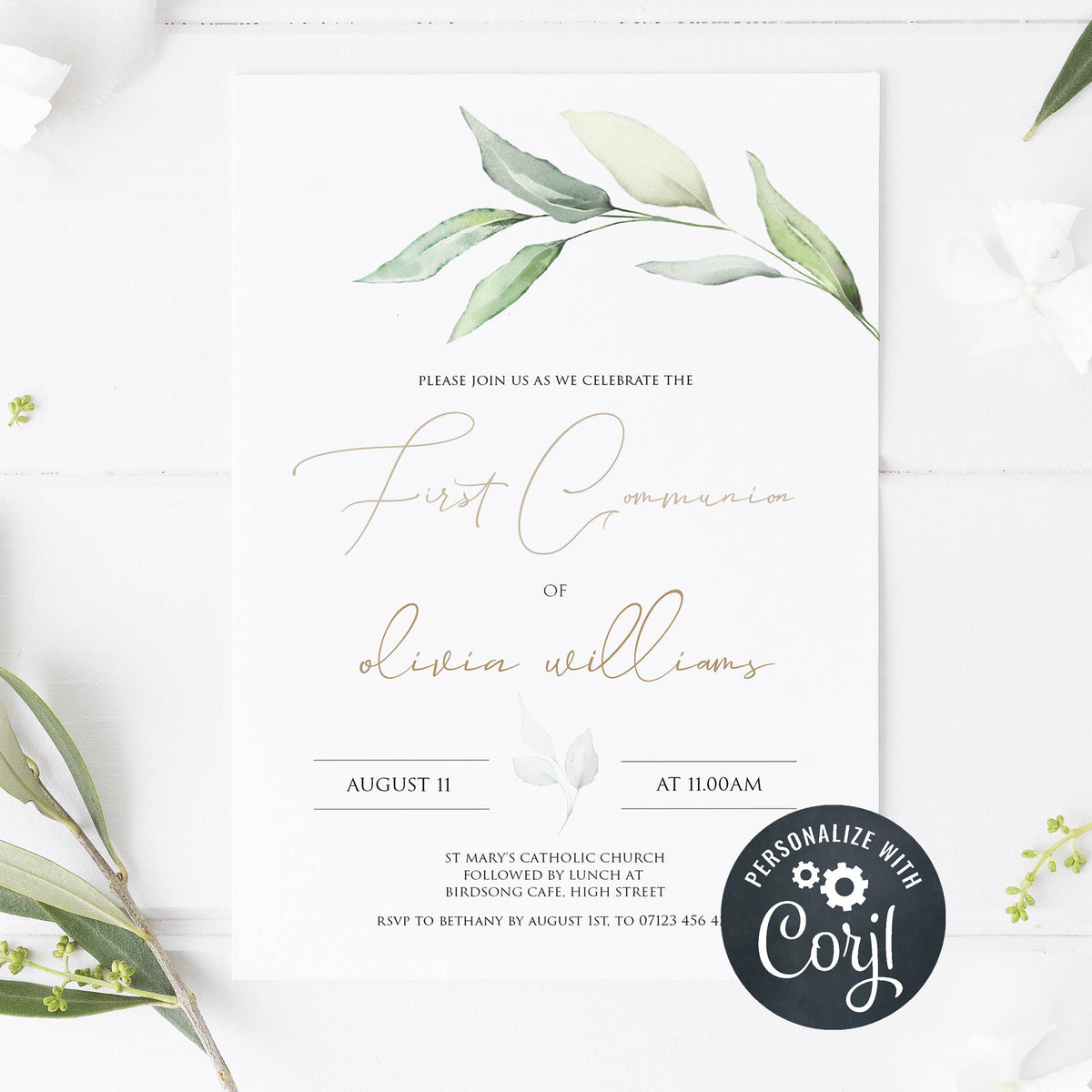 editable first communion invitation, first communion invite, editable holy communion invitation, floral first communion invitation