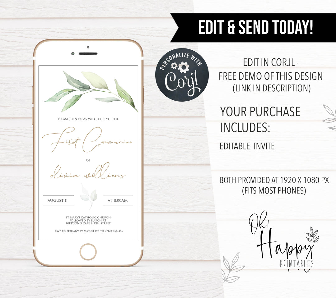 editable holy first communion invitation, first communion invite, editable first communion evite