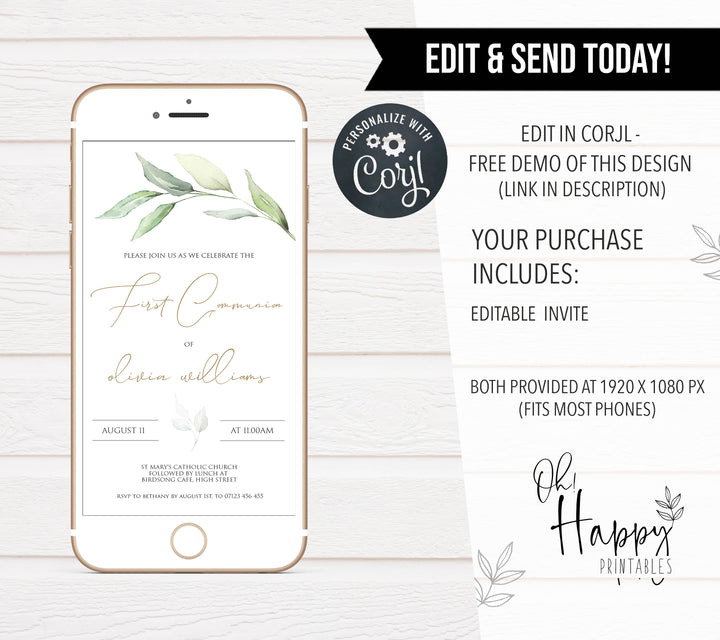 editable holy first communion invitation, first communion invite, editable first communion evite