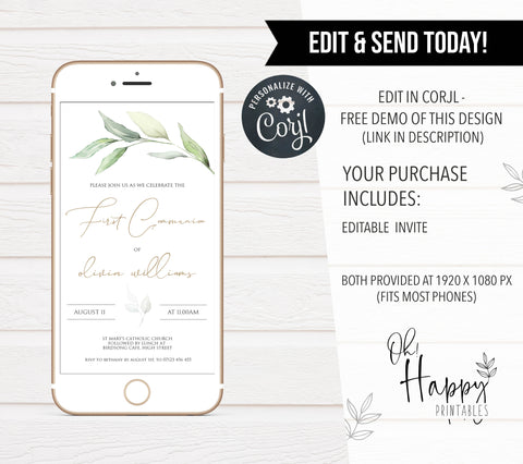 editable holy first communion invitation, first communion invite, editable first communion evite