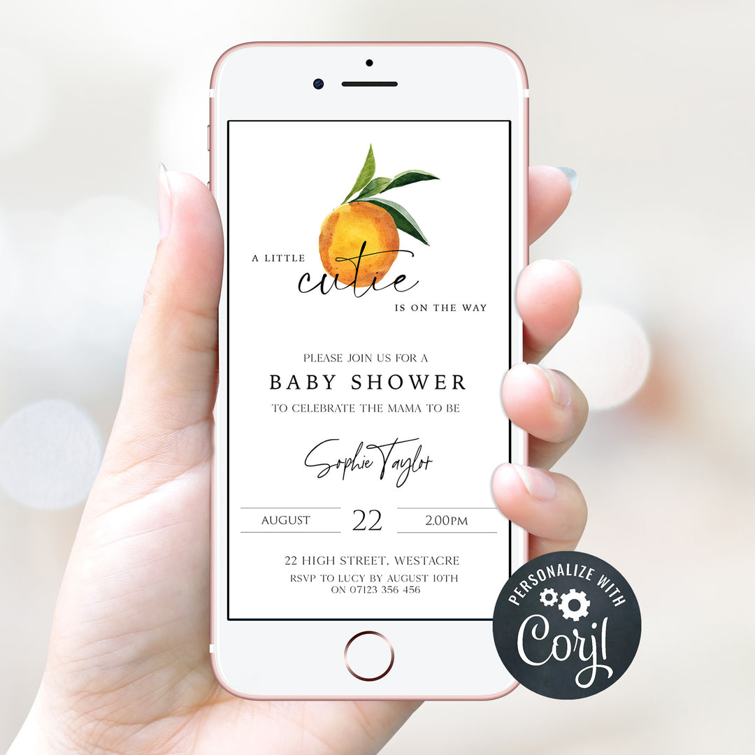 editable baby shower invitations, printable baby shower invitations, citrus orange baby shower theme, citrus baby shower, baby shower invites