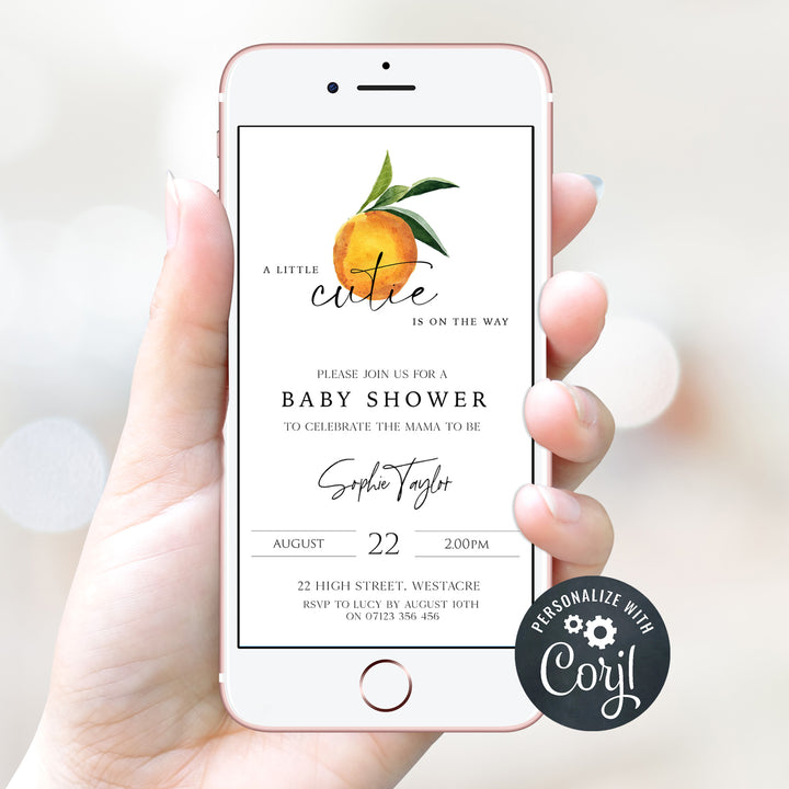 editable baby shower invitations, printable baby shower invitations, citrus orange baby shower theme, citrus baby shower, baby shower invites