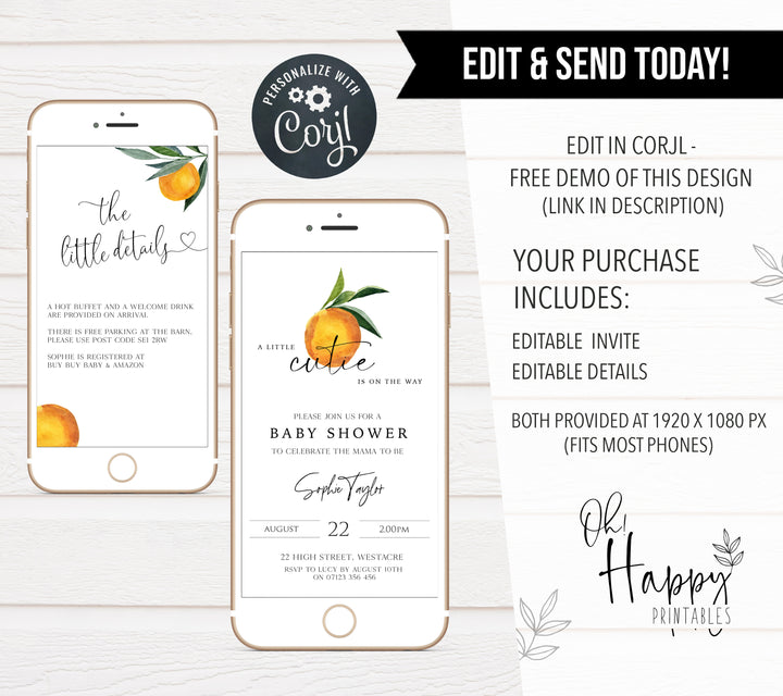 editable baby shower invitations, printable baby shower invitations, citrus orange baby shower theme, citrus baby shower, baby shower invites