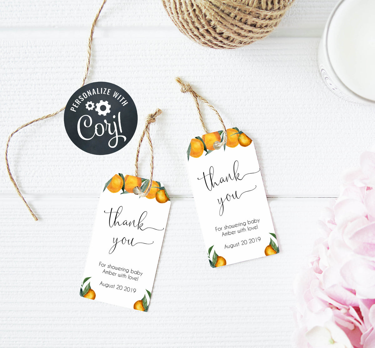 citrus orange baby shower thank you tags, printable baby shower thank you tags, editable baby shower thank you tags, citrus orange baby shower