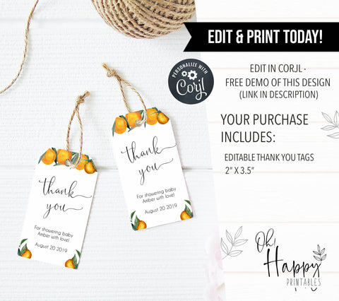citrus orange baby shower thank you tags, printable baby shower thank you tags, editable baby shower thank you tags, citrus orange baby shower
