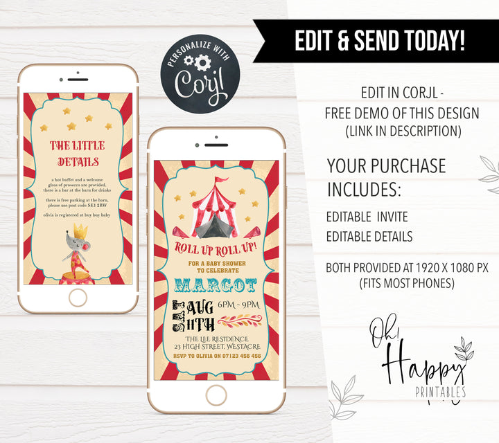 circus baby shower invitations, editable baby shower invitations, printable baby shower invitations, carnival baby shower invitations, fun baby shower invites