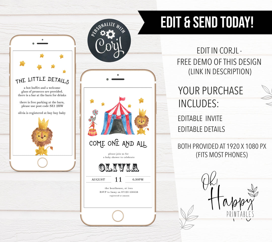 circus baby shower invitations, editable baby shower invitations, printable baby shower invitations, carnival baby shower invitations, fun baby shower invites