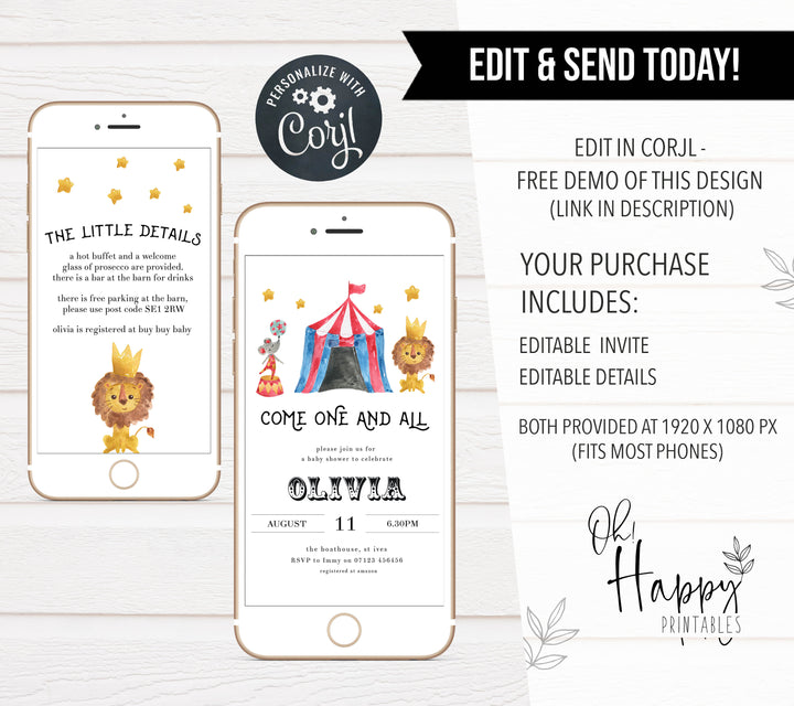 circus baby shower invitations, editable baby shower invitations, printable baby shower invitations, carnival baby shower invitations, fun baby shower invites