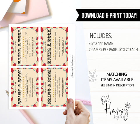 bring a book baby game, books for baby insert, Printable baby shower games, circus fun baby games, baby shower games, fun baby shower ideas, top baby shower ideas, carnival baby shower, circus baby shower ideas