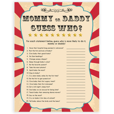 Circus guess who mommy or daddy baby shower games, circus baby games, carnival baby games, printable baby games, fun baby games, popular baby games, carnival baby shower, carnival theme