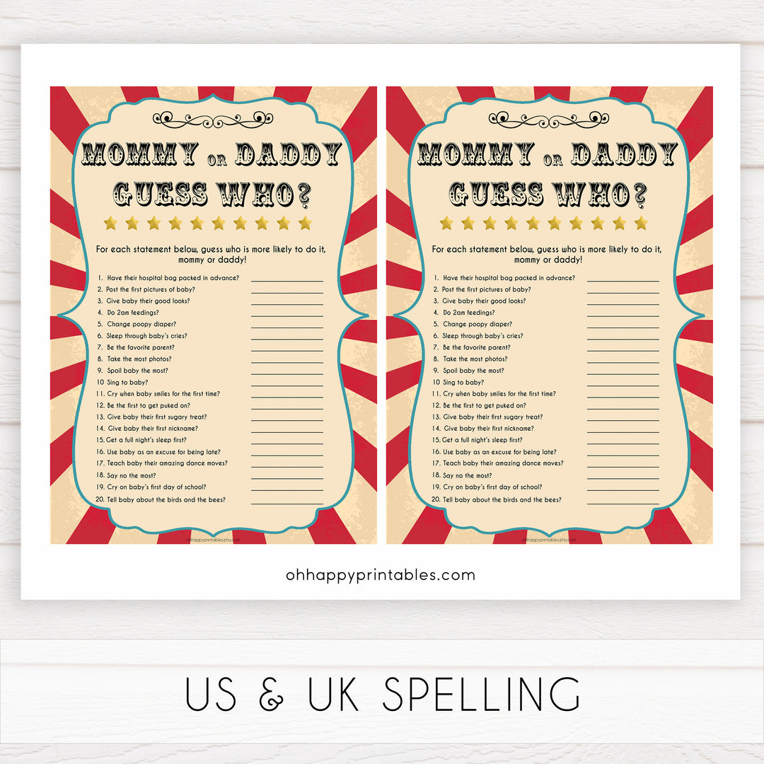 Circus guess who mommy or daddy baby shower games, circus baby games, carnival baby games, printable baby games, fun baby games, popular baby games, carnival baby shower, carnival theme