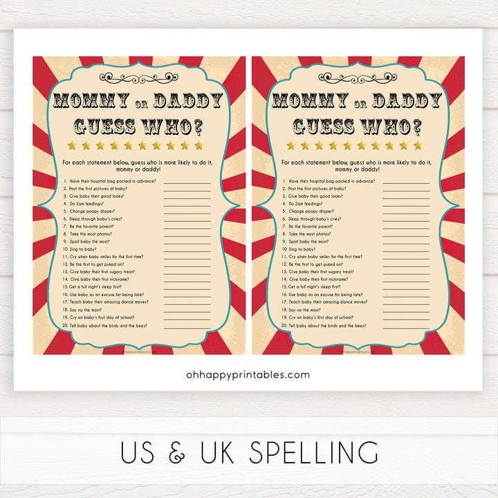 Circus guess who mommy or daddy baby shower games, circus baby games, carnival baby games, printable baby games, fun baby games, popular baby games, carnival baby shower, carnival theme