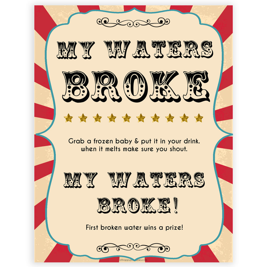 Circus my waters broke baby shower games, circus baby games, carnival baby games, printable baby games, fun baby games, popular baby games, carnival baby shower, carnival theme