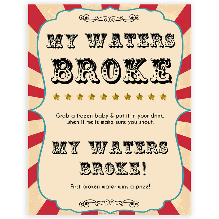 Circus my waters broke baby shower games, circus baby games, carnival baby games, printable baby games, fun baby games, popular baby games, carnival baby shower, carnival theme