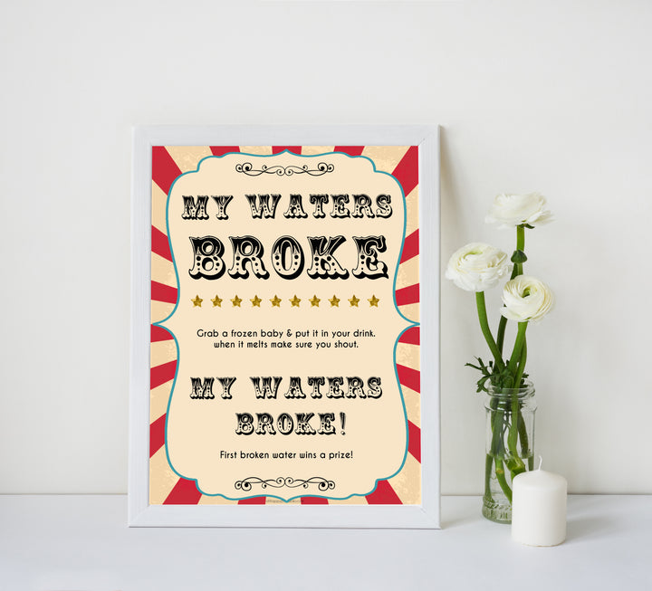 Circus my waters broke baby shower games, circus baby games, carnival baby games, printable baby games, fun baby games, popular baby games, carnival baby shower, carnival theme