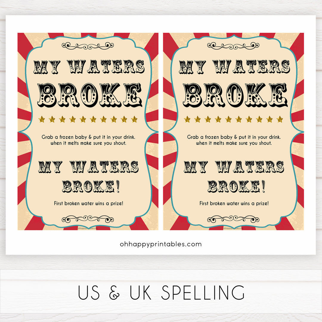 Circus my waters broke baby shower games, circus baby games, carnival baby games, printable baby games, fun baby games, popular baby games, carnival baby shower, carnival theme