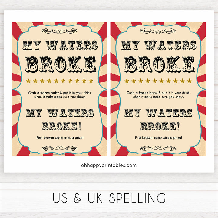 Circus my waters broke baby shower games, circus baby games, carnival baby games, printable baby games, fun baby games, popular baby games, carnival baby shower, carnival theme