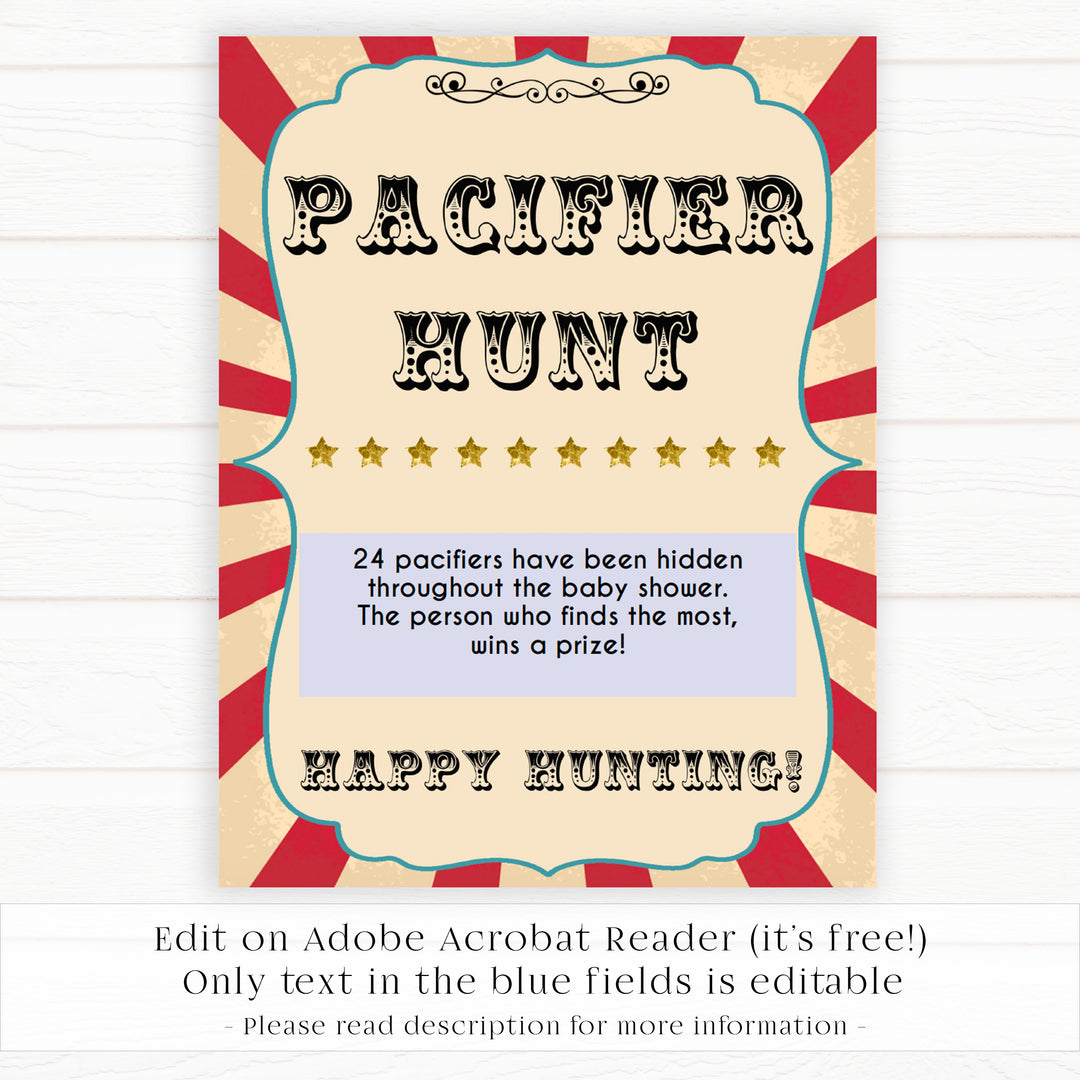 Circus pacifier hunt baby shower games, circus baby games, carnival baby games, printable baby games, fun baby games, popular baby games, carnival baby shower, carnival theme