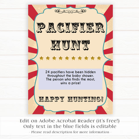 Circus pacifier hunt baby shower games, circus baby games, carnival baby games, printable baby games, fun baby games, popular baby games, carnival baby shower, carnival theme