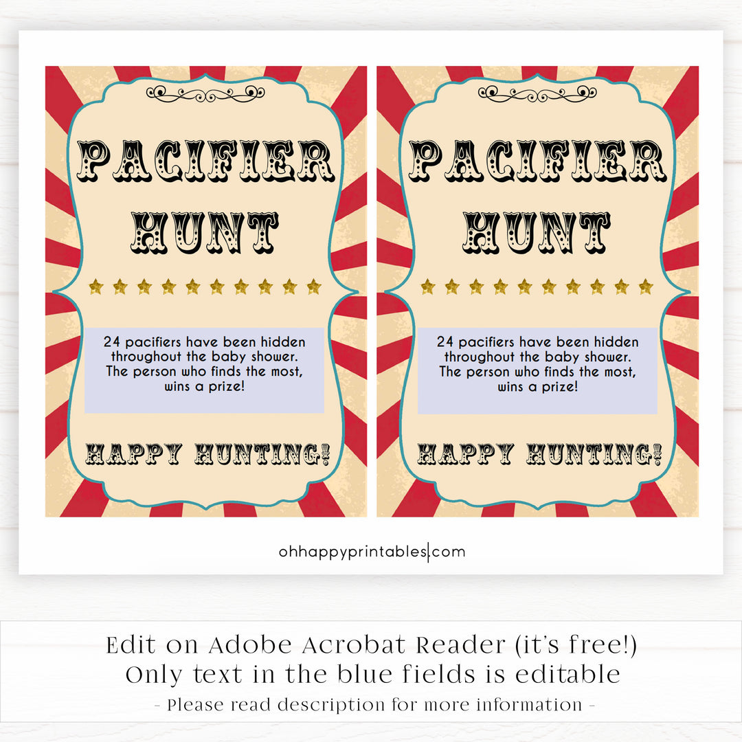 Circus pacifier hunt baby shower games, circus baby games, carnival baby games, printable baby games, fun baby games, popular baby games, carnival baby shower, carnival theme
