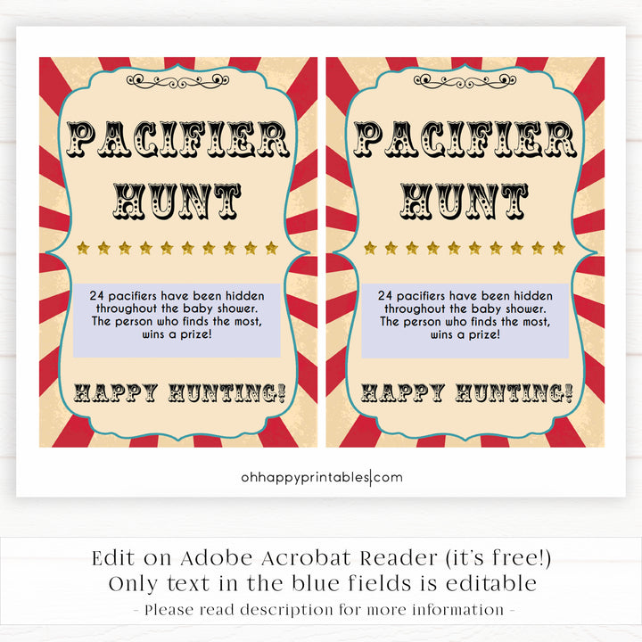 Circus pacifier hunt baby shower games, circus baby games, carnival baby games, printable baby games, fun baby games, popular baby games, carnival baby shower, carnival theme