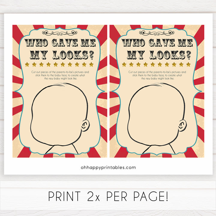 Circus who gave me my looks shower games, circus baby games, carnival baby games, printable baby games, fun baby games, popular baby games, carnival baby shower, carnival theme
