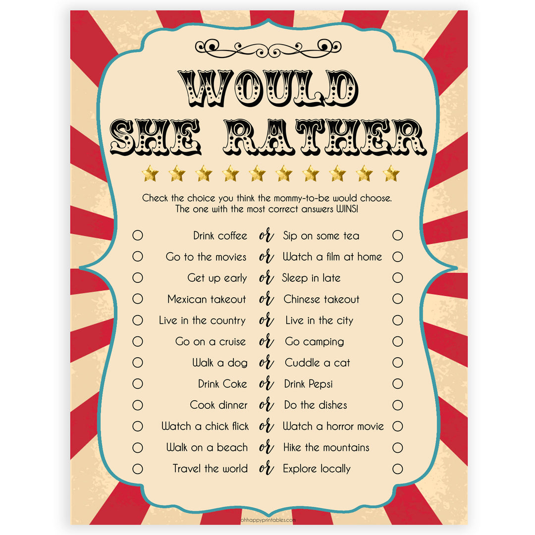 Circus would she rather baby shower games, circus baby games, carnival baby games, printable baby games, fun baby games, popular baby games, carnival baby shower, carnival theme