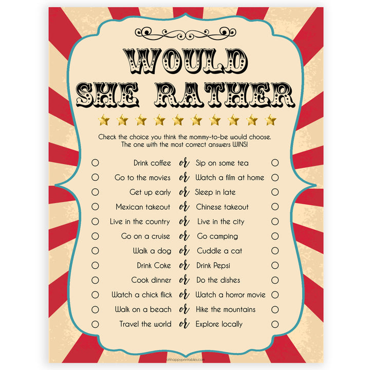 Circus would she rather baby shower games, circus baby games, carnival baby games, printable baby games, fun baby games, popular baby games, carnival baby shower, carnival theme