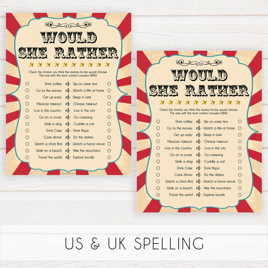 Circus would she rather baby shower games, circus baby games, carnival baby games, printable baby games, fun baby games, popular baby games, carnival baby shower, carnival theme