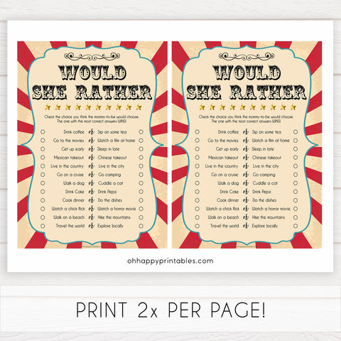 Circus would she rather baby shower games, circus baby games, carnival baby games, printable baby games, fun baby games, popular baby games, carnival baby shower, carnival theme
