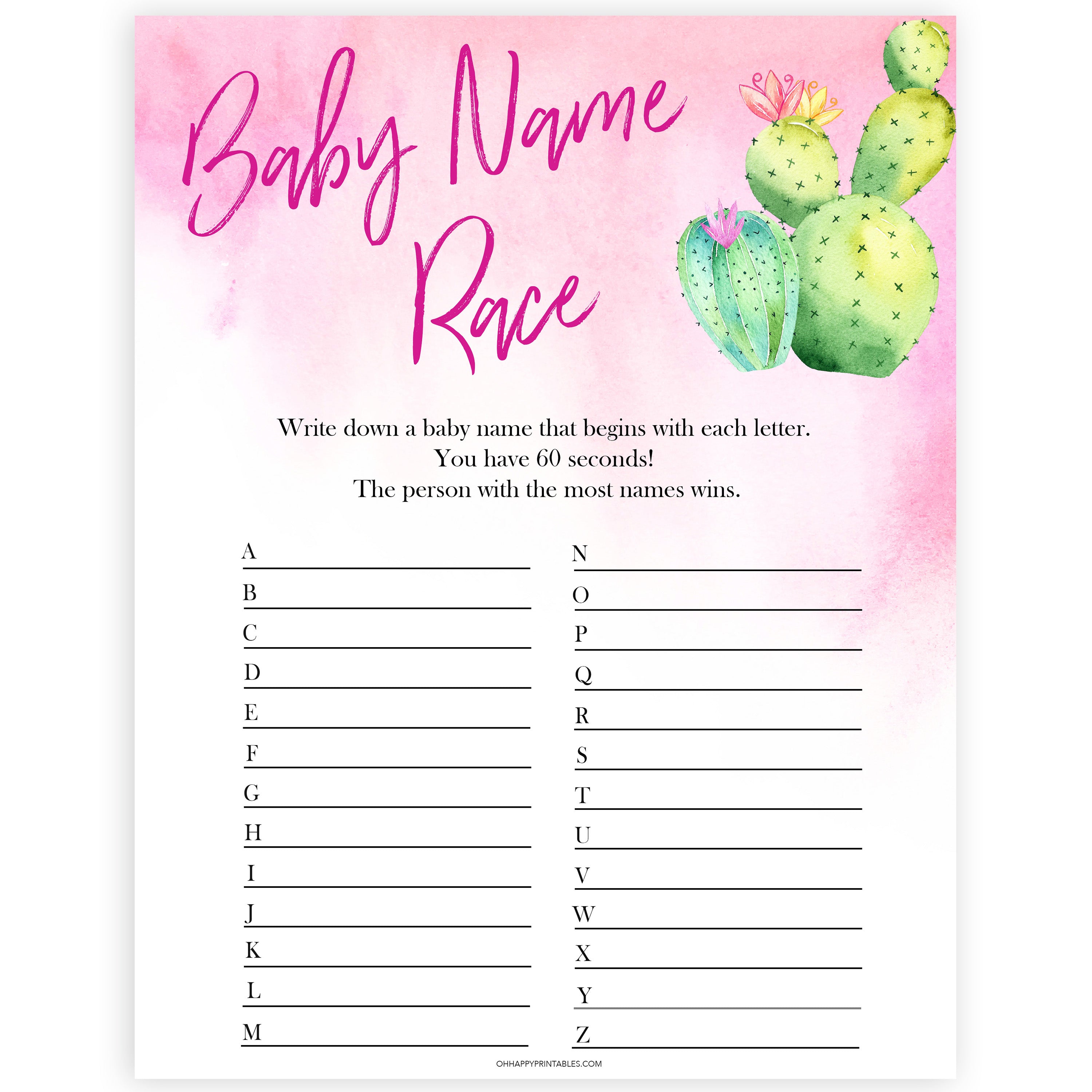 Cactus baby shower games, cactus baby name race baby game, printable baby games, Mexican baby shower, Mexican baby games, fiesta baby games, popular baby games, printable baby games