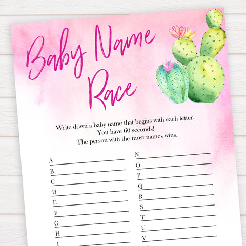 Cactus baby shower games, cactus baby name race baby game, printable baby games, Mexican baby shower, Mexican baby games, fiesta baby games, popular baby games, printable baby games