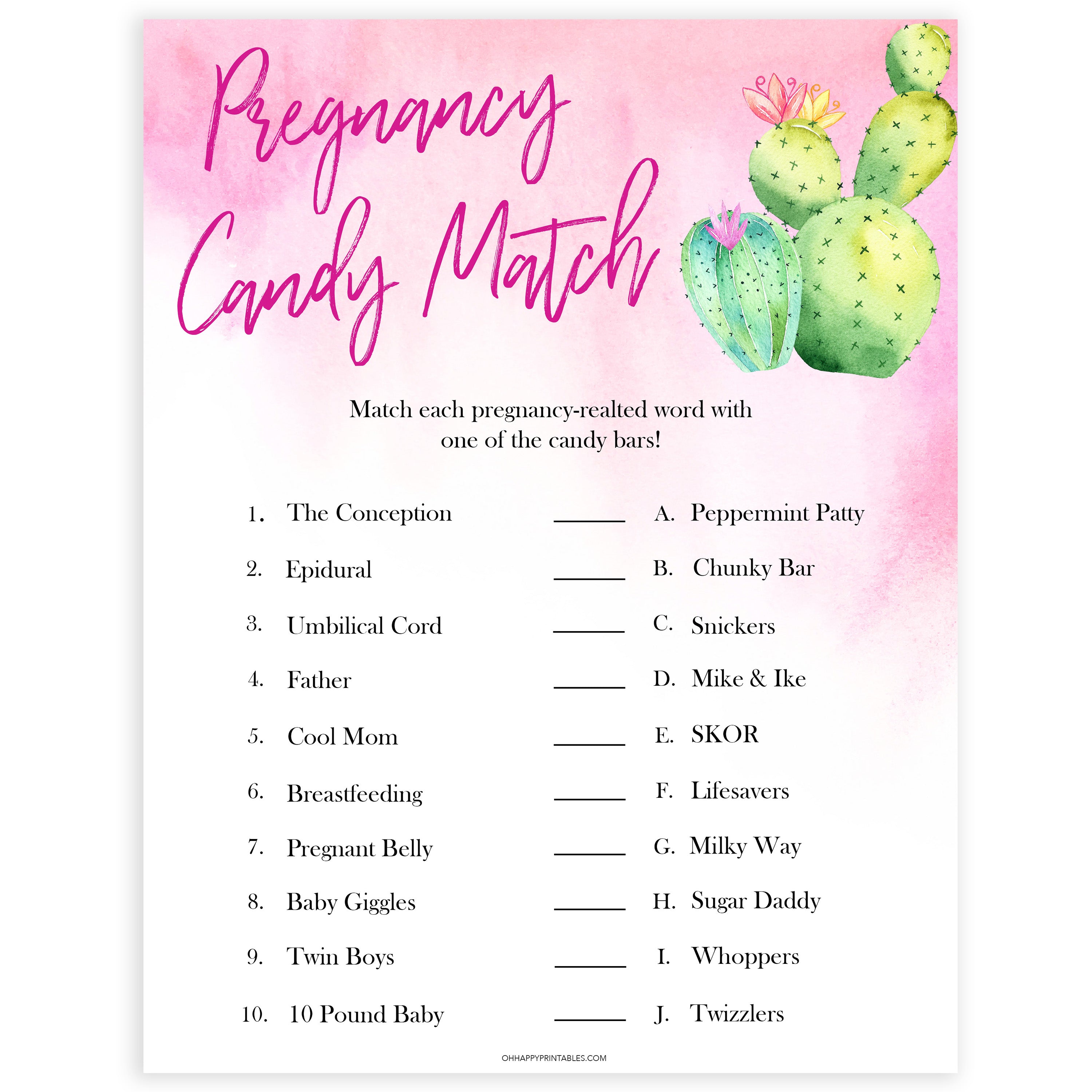 Cactus baby shower games, cactus pregnancy candy match baby game, printable baby games, Mexican baby shower, Mexican baby games, fiesta baby games, popular baby games, printable baby games