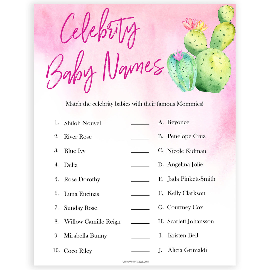 Cactus baby shower games, cactus celebrity baby names baby game, printable baby games, Mexican baby shower, Mexican baby games, fiesta baby games, popular baby games, printable baby games