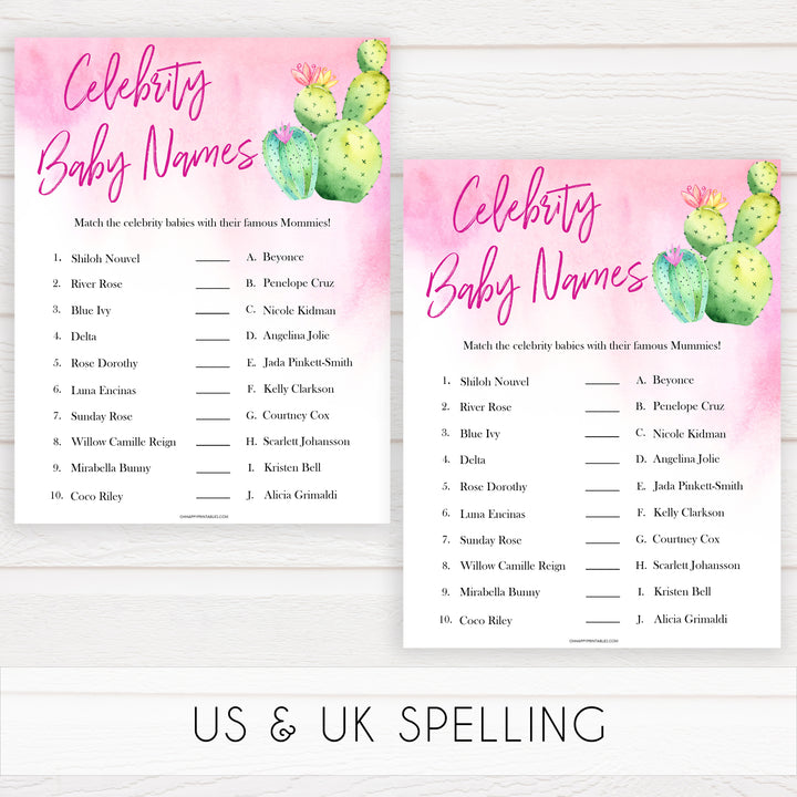 Cactus baby shower games, cactus celebrity baby names baby game, printable baby games, Mexican baby shower, Mexican baby games, fiesta baby games, popular baby games, printable baby games