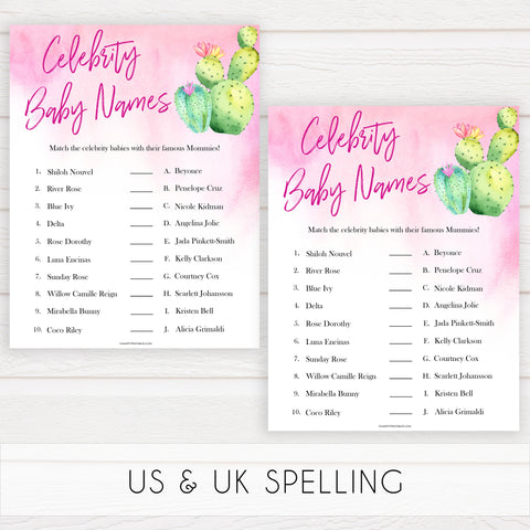 Cactus baby shower games, cactus celebrity baby names baby game, printable baby games, Mexican baby shower, Mexican baby games, fiesta baby games, popular baby games, printable baby games