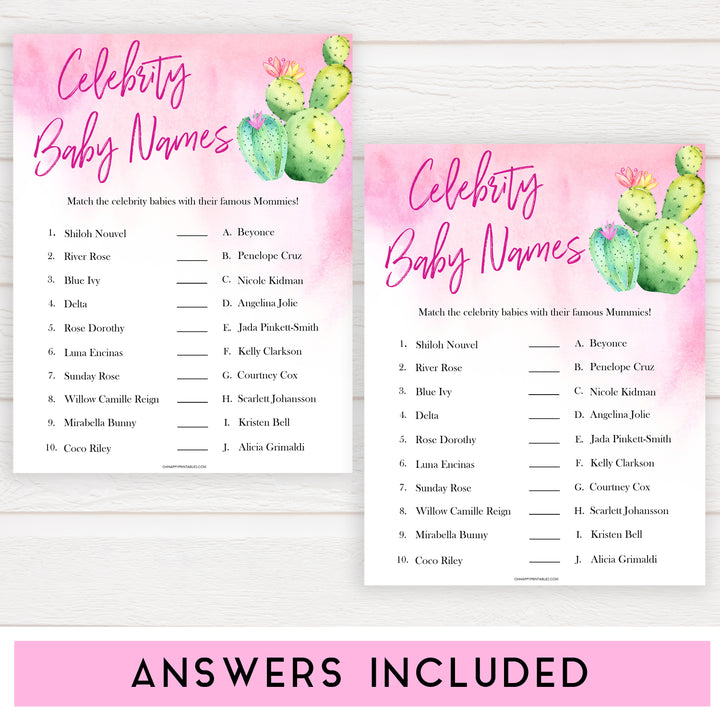Cactus baby shower games, cactus celebrity baby names baby game, printable baby games, Mexican baby shower, Mexican baby games, fiesta baby games, popular baby games, printable baby games