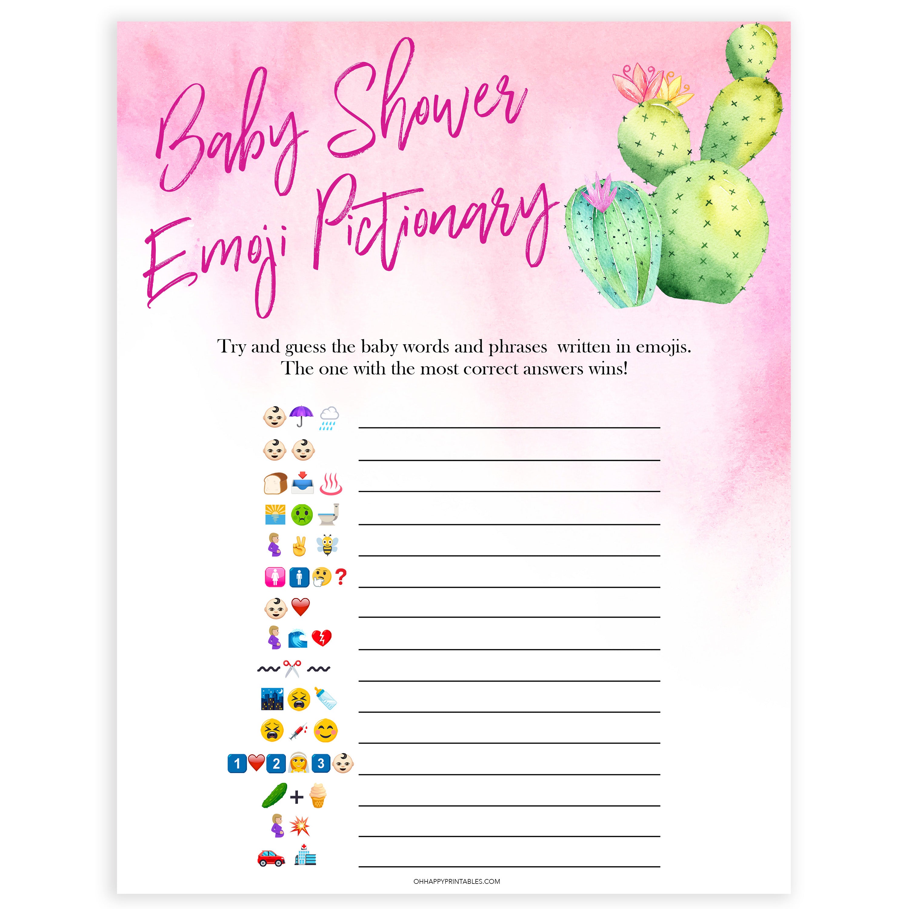 Cactus baby shower games, cactus emoji pictionary baby game, printable baby games, Mexican baby shower, Mexican baby games, fiesta baby games, popular baby games, printable baby games