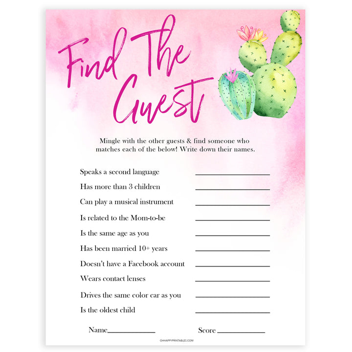 Cactus baby shower games, cactus find the guest baby game, printable baby games, Mexican baby shower, Mexican baby games, fiesta baby games, popular baby games, printable baby games
